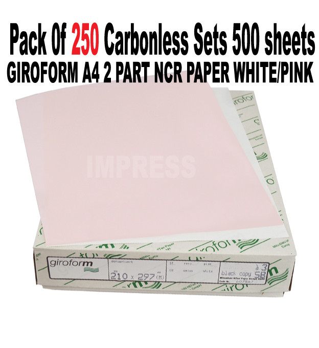 A4 2 part NCR Carbonless Paper 250 sets Duplicate Self Print White Pink 1 Box