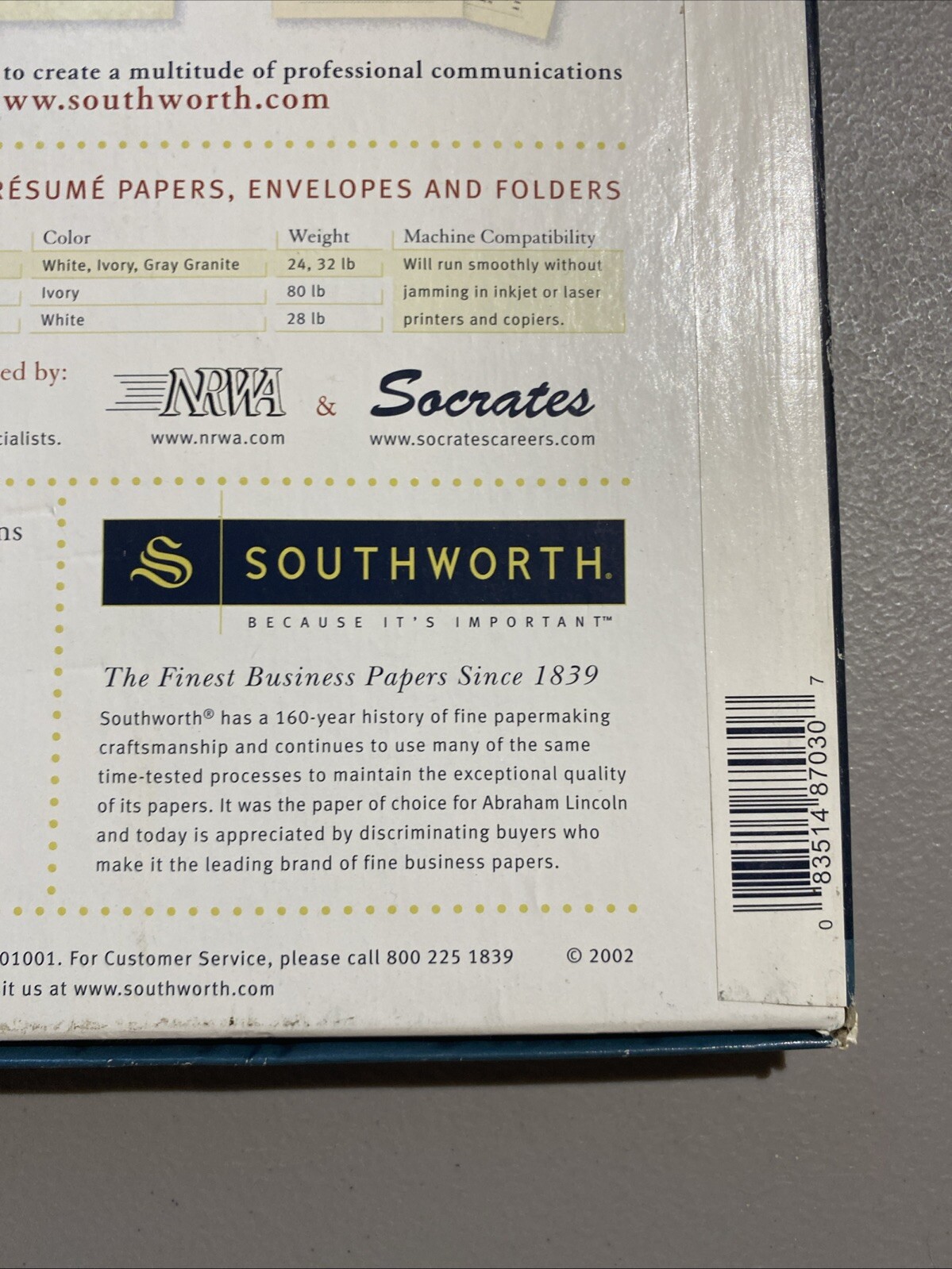 Southworth 100% Cotton Resume Paper Ivory 24 lbs. 8-1/2 x 11 Wove 100/Box R14ICF