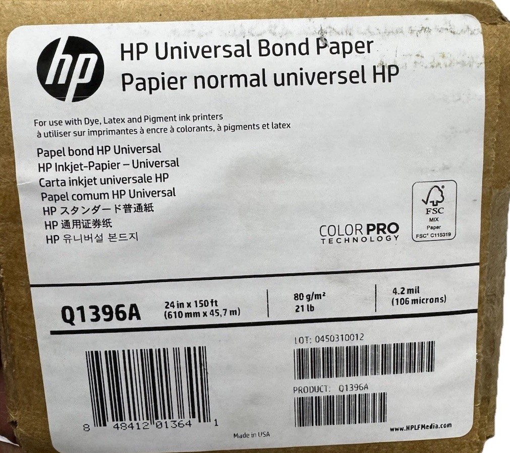 HP Universal Inkjet Print Bond Paper 24″ x 150 ft Matte White Q1396A