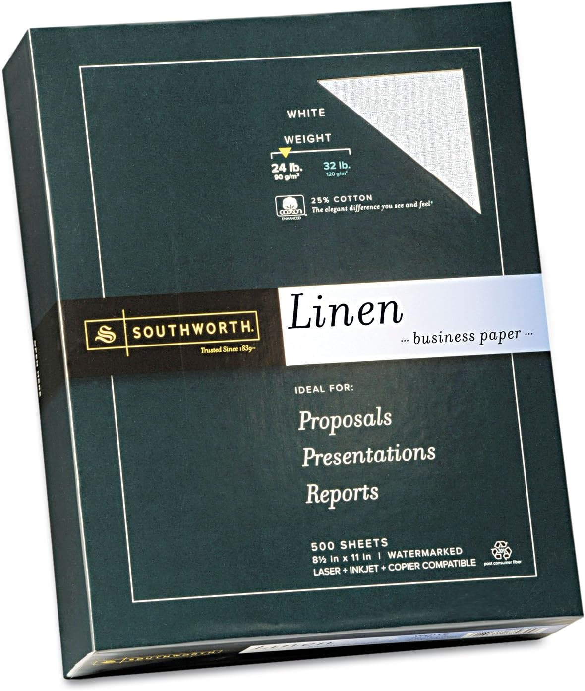 Southworth 25% Cotton Business Paper, 8.5 X 11″, 24 Lb/90 Gsm, Linen Finish, Whi