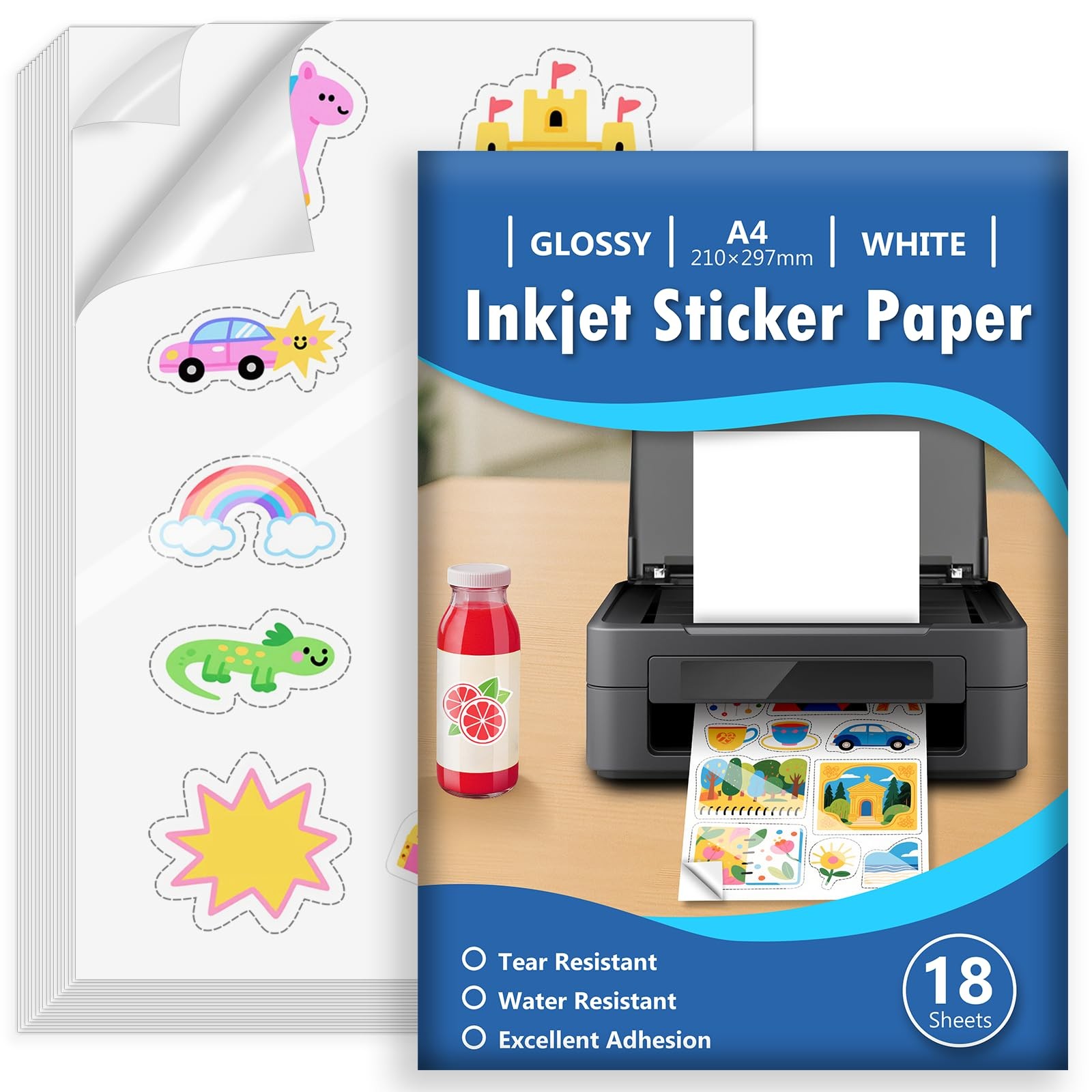 18 Sheets Sticker Paper for Self Printing A4, Glossy White Waterproof Bedr…