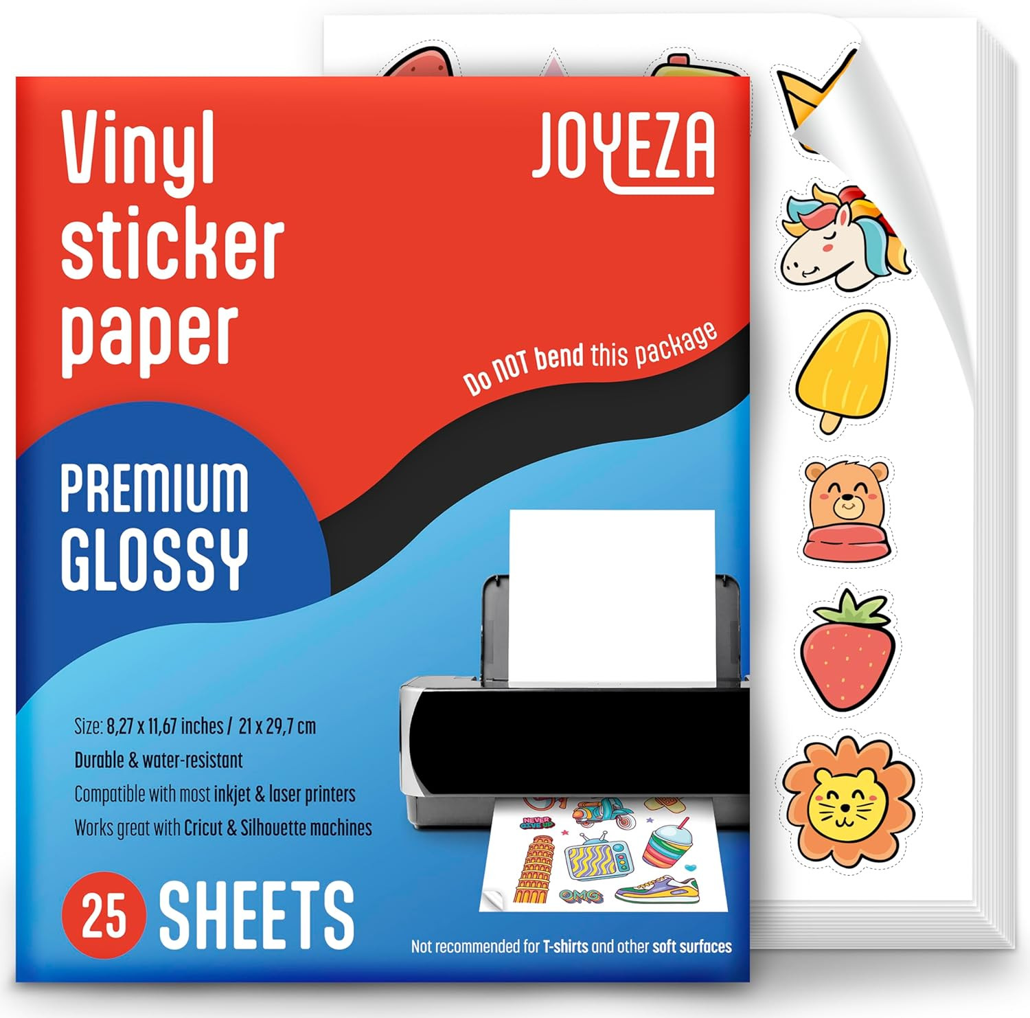 JOYEZA Premium Printable Vinyl Sticker Paper for Inkjet Printer – 25 Sheets Glos