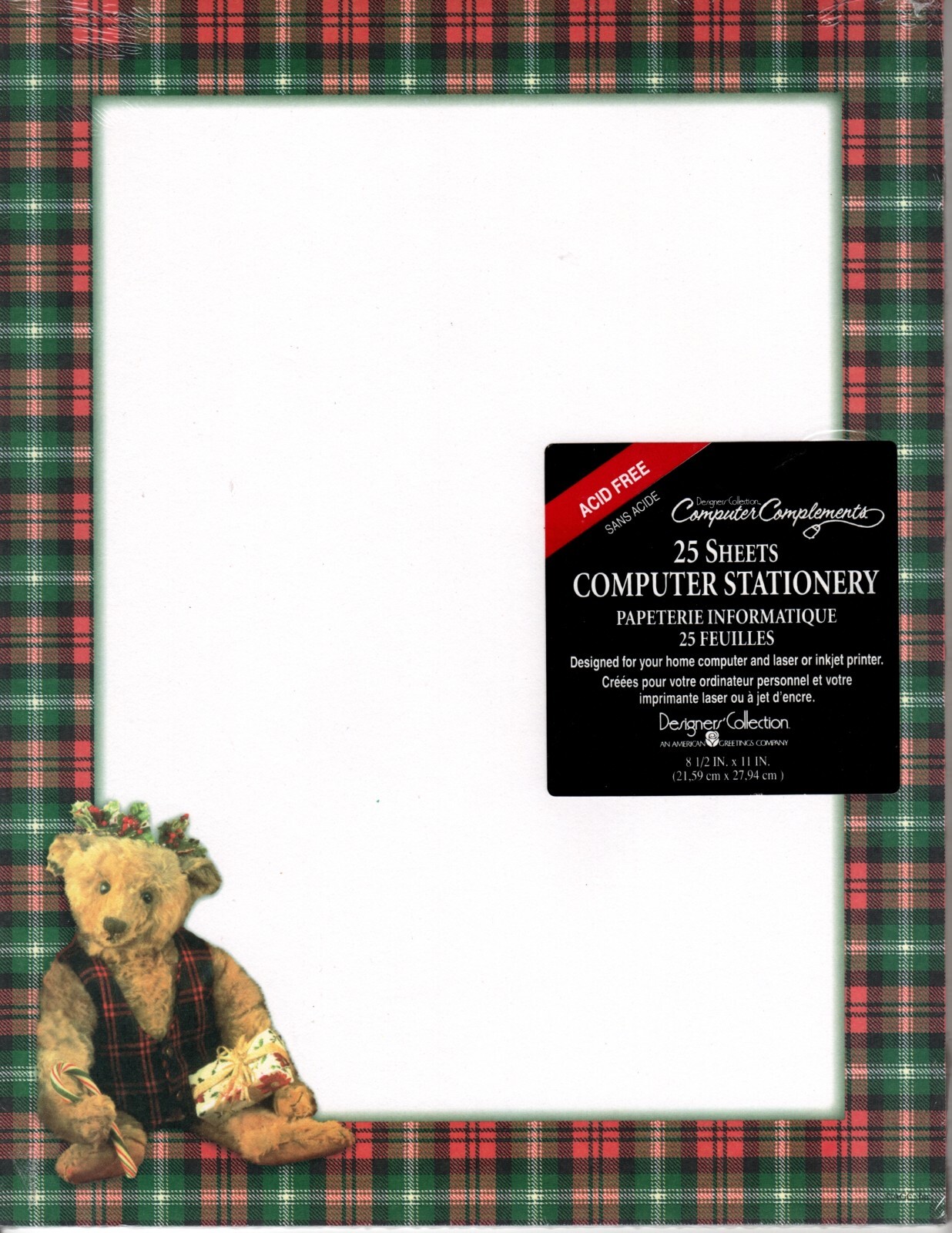 Brown Teddy Bear Christmas Holiday Plaid Computer Letter Paper – 25 Sheets