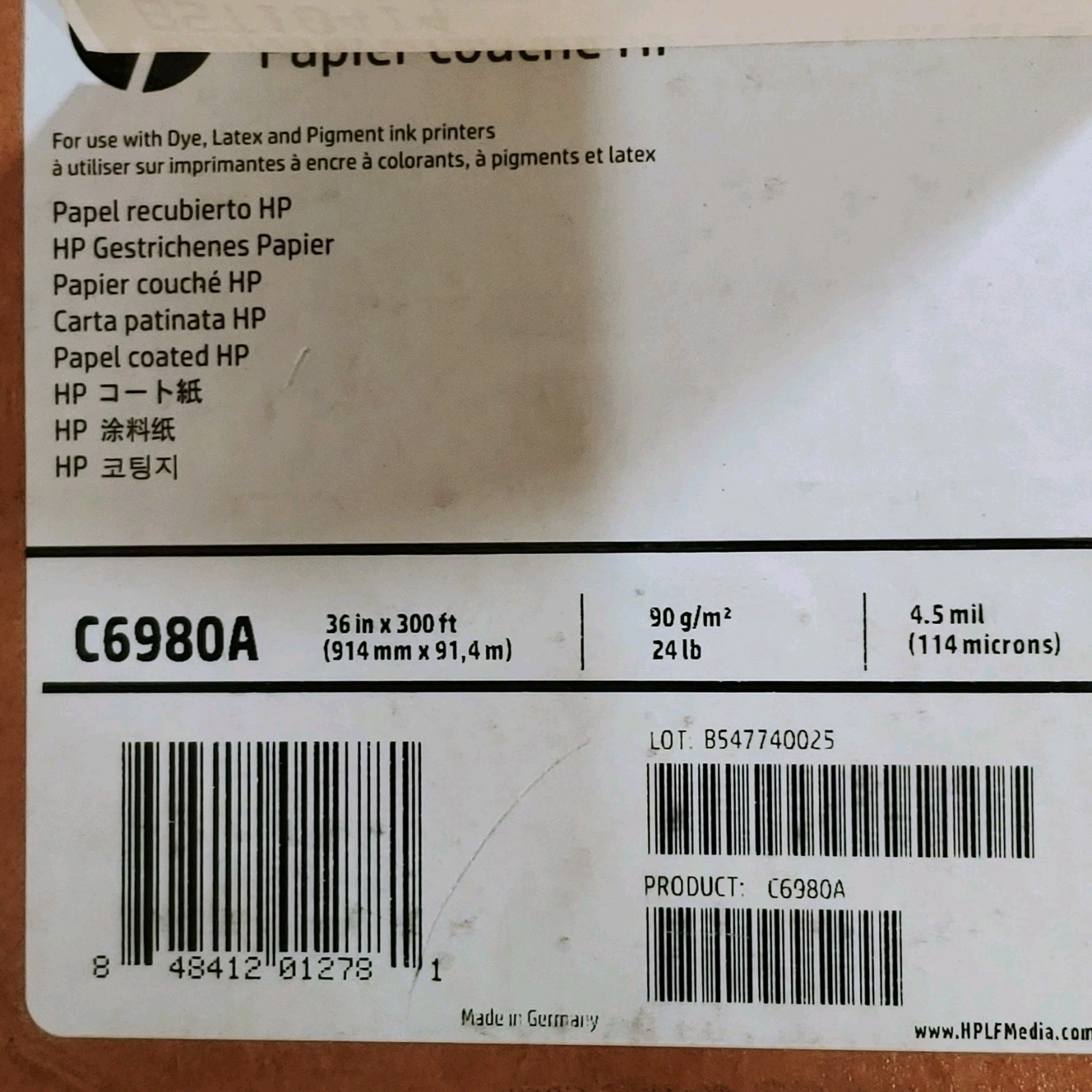 Coated Paper HP C6980A 36.0 x 300 Feet Coated Paper Roll for Designjet