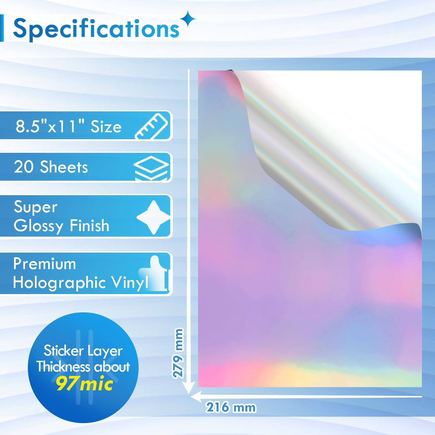 Koala Holographic Sticker Paper for Inkjet Printer – 20 Sheets 8.5X11 Inch, Rain