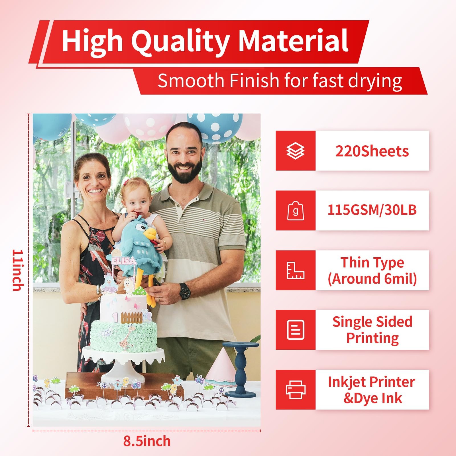 220 Sheets 8.5×11 Inch Glossy Thin Inkjet Printer Paper 115gsm 30Lb Chip Bag