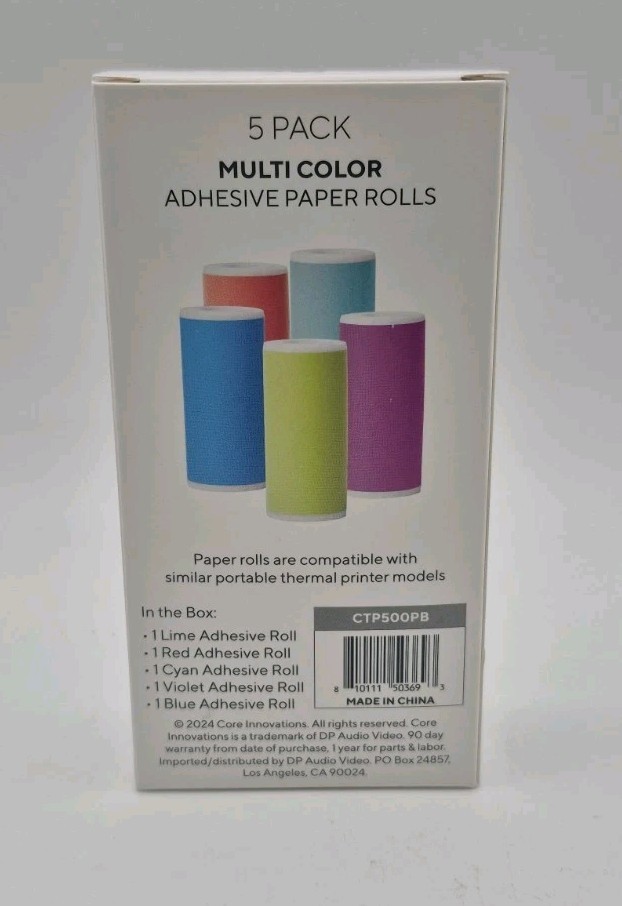 Core Innovations 5 Pack Multi Color Adhesive Thermal Paper Rolls