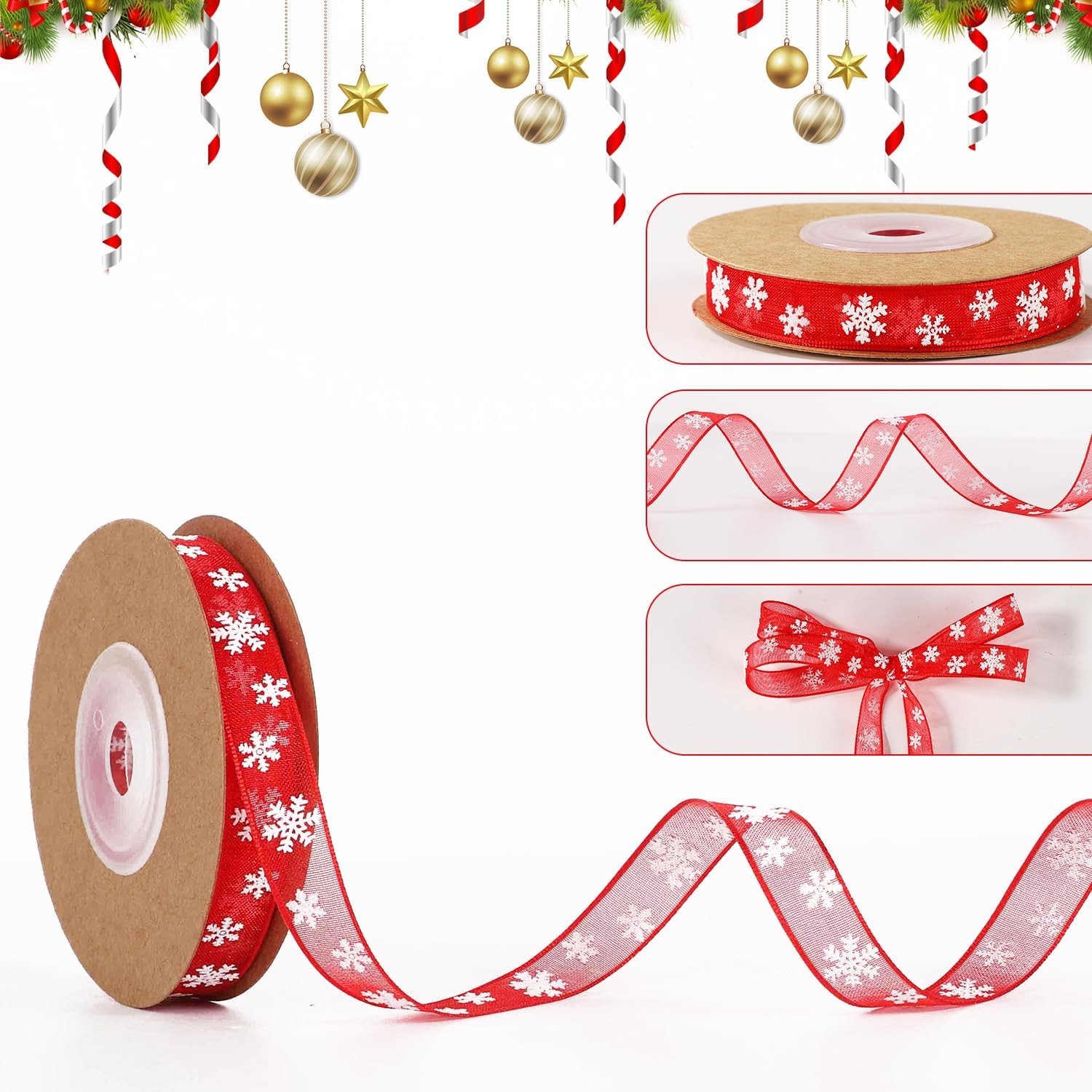 Snowflake Ribbon, Polyester Fibre Thin Christmas Ribbon Red White Snow Christmas