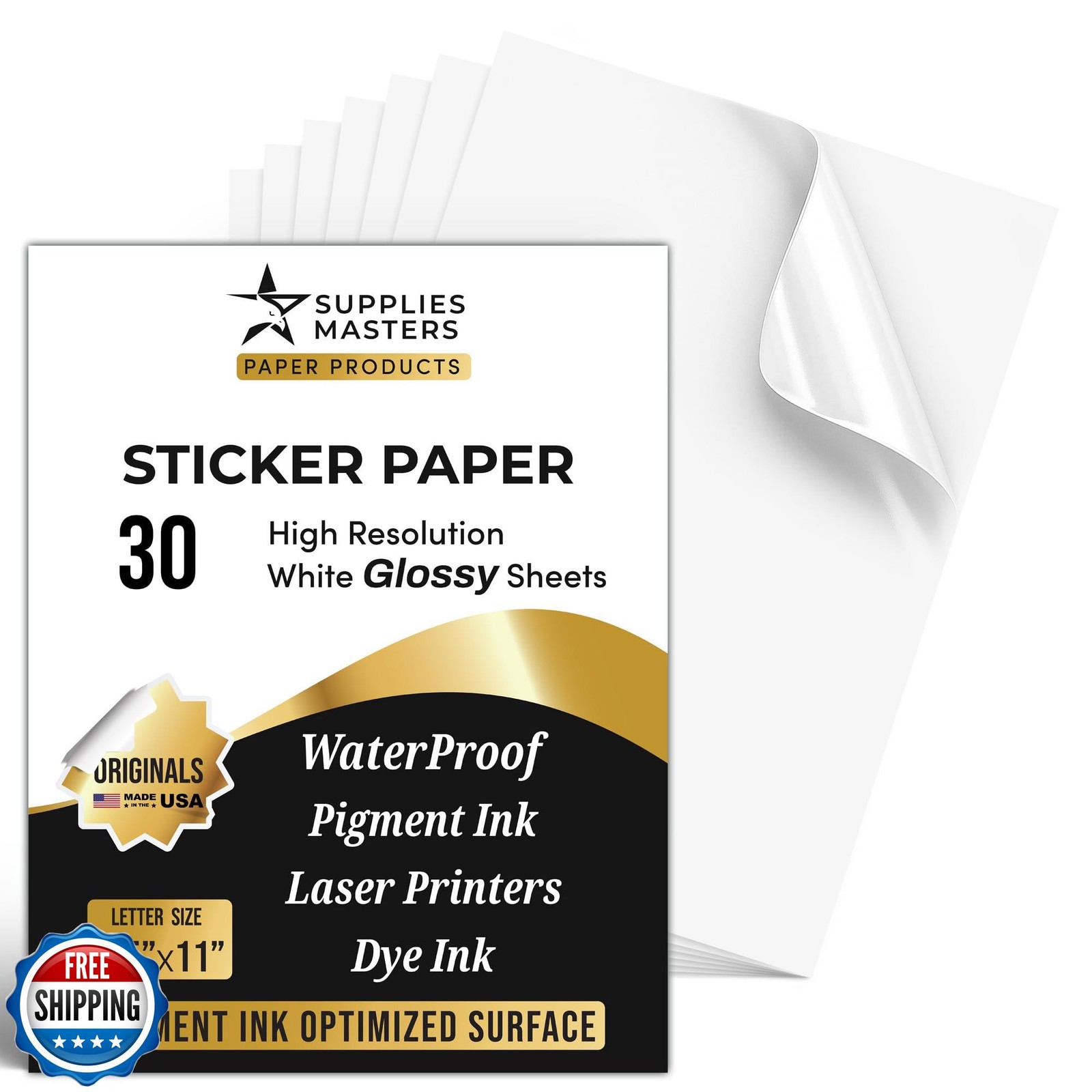 Supplies Masters, 30 Glossy Sticker Sheets 8.5 x 11″, Printable Glossy High R