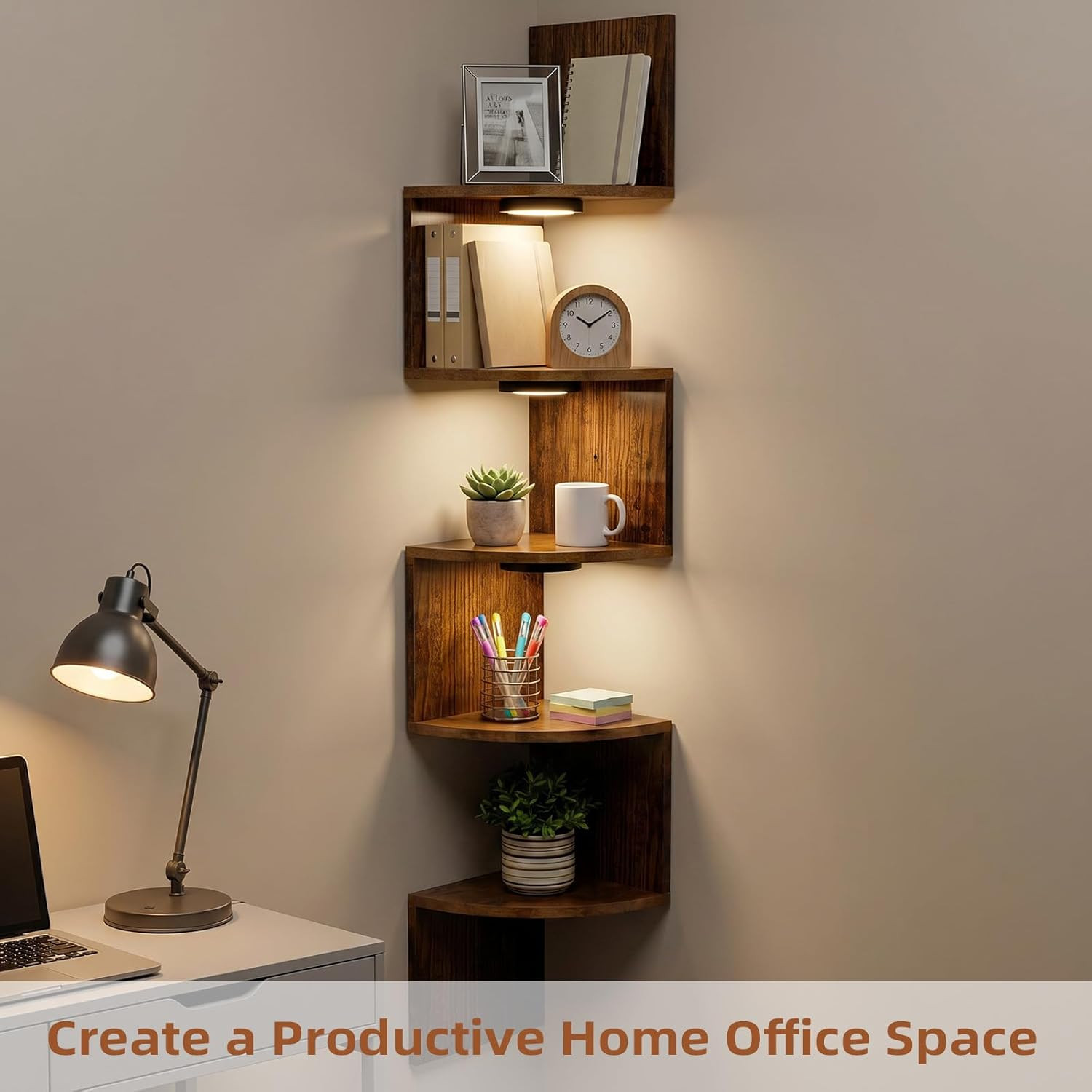 Corner Shelf Wall Mounted: 5-Tier Floating Shelves with Lights for Bedroom, Livi