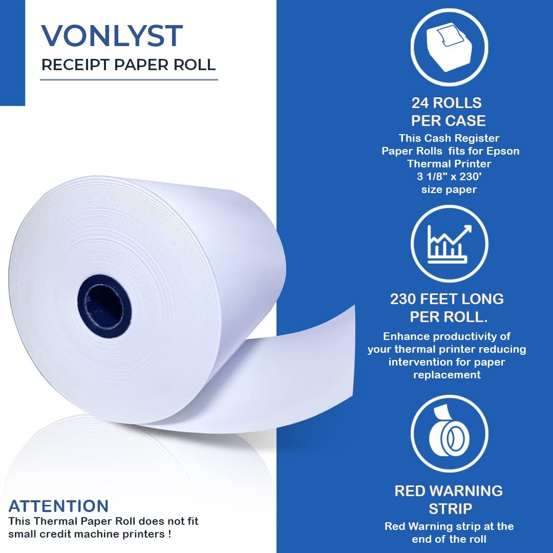 Vonlyst 3 1/8 x 230 Thermal Paper 24 rolls, White Black Image