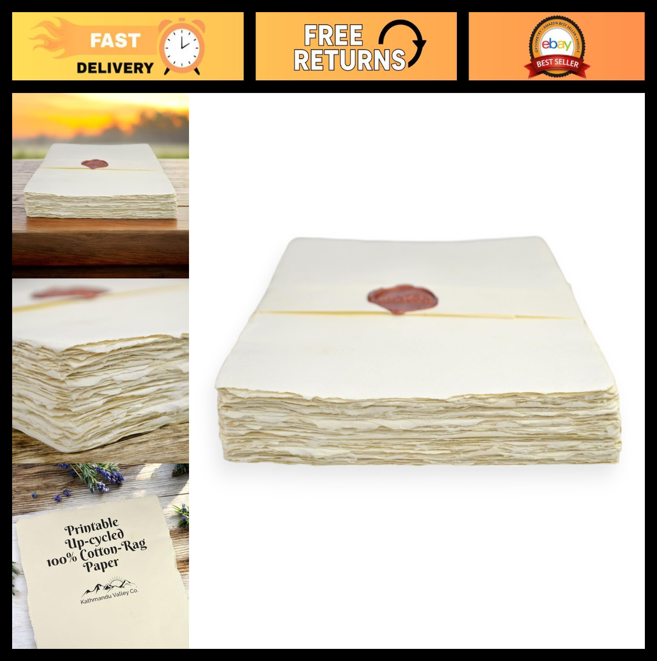 100% Cotton Vintage Deckle-Edge Printer Paper, 8.5×11″, Off-White, 100 Sheets, E