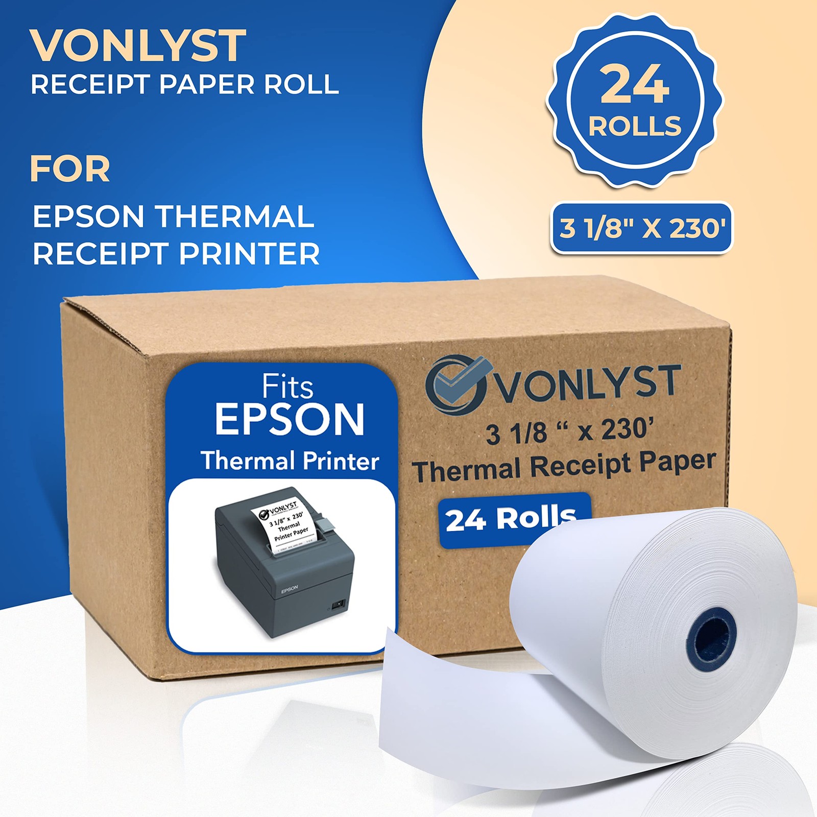 Vonlyst 3 1/8 x 230 Thermal Paper 24 rolls, White Black Image