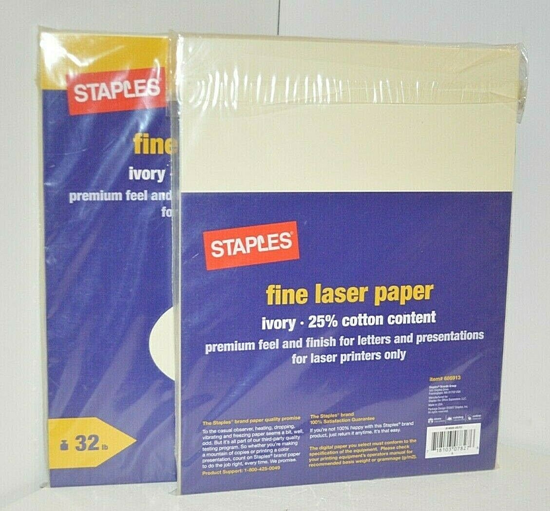 2X Staples Fine Laser Paper 25% Cotton Ivory 50 Sheet=100 Total Acid Free 32 lb