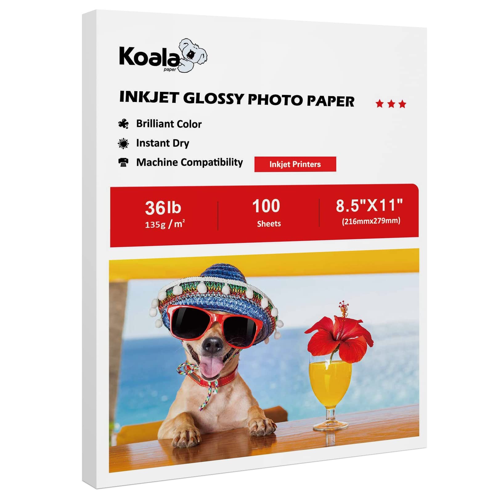 100 Sheets Koala 8.5×11 Inch Glossy Thin Inkjet Printer Paper 36LB Dye Ink