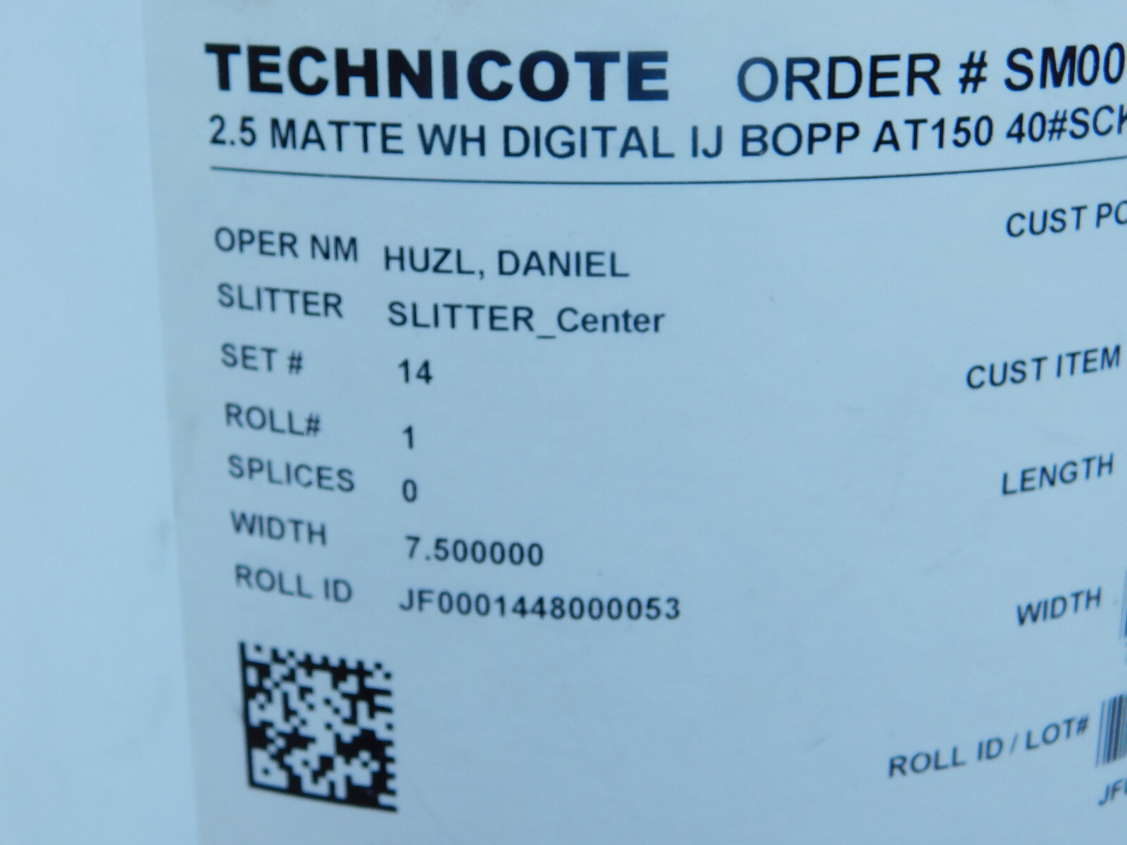 Technicote 2.5 Matte WH Digital IJ BOPP AT150 40#SCK Paper Roll 7.5″ wide